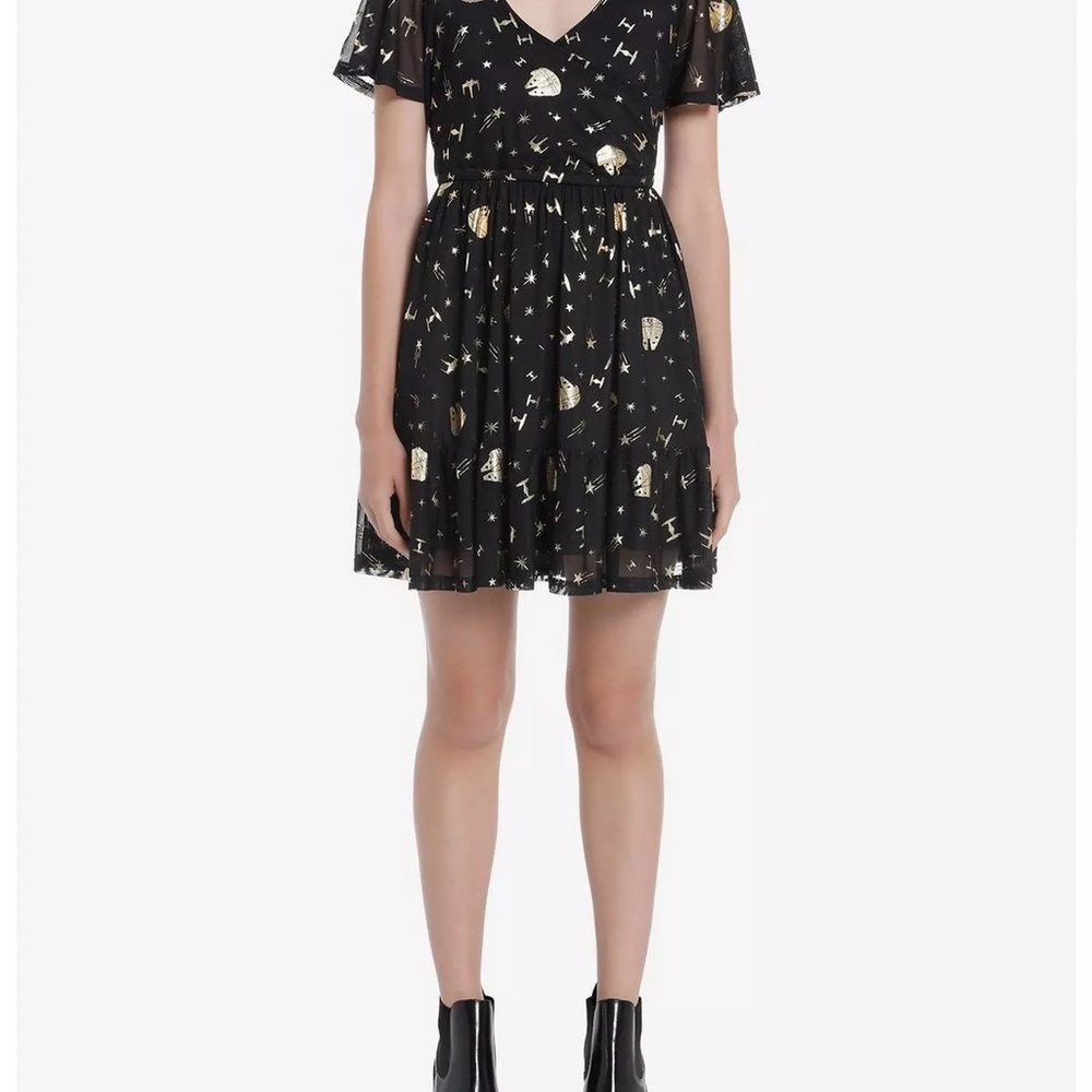 Her Universe Star Wars Metallic Foil Flutter Dress Black with Gold starships - Picture 4 of 4